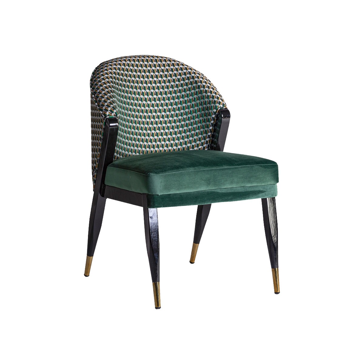 Estila Art-deco dizajnová čalúnená jedálenská stolička Brilon s poťahom zo zamatu so vzorom zelenej farby na čierno-zlatých nohách 84cm