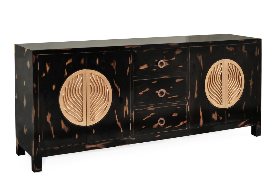 Estila Luxusná masívna komoda Arbola z mahagónového dreva s čiernym náterom so zlatou patinou a masívnymi umeleckými úchytmi 200cm