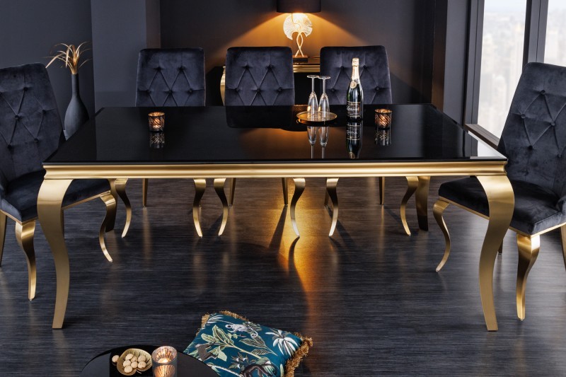 Estila Barokový jedálenský stôl Gold Barock v modernom štýle zlatá konštrukcia a čierne opálové sklo 200cm