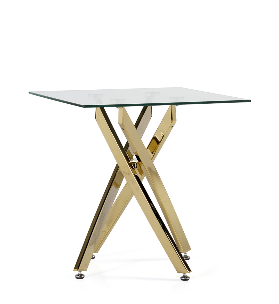 Estila Art-deco štvorcový príručný stolík Brilia so zlatou podstavou a sklenenou povrchovou doskou 55cm