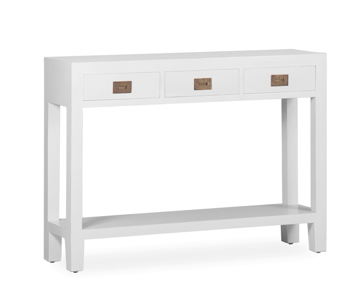 Estila Klasický konzolový stolík Blanc z masívneho dreva mindi s bielou povrchovou úpravou a s tromi zásuvkami 110cm