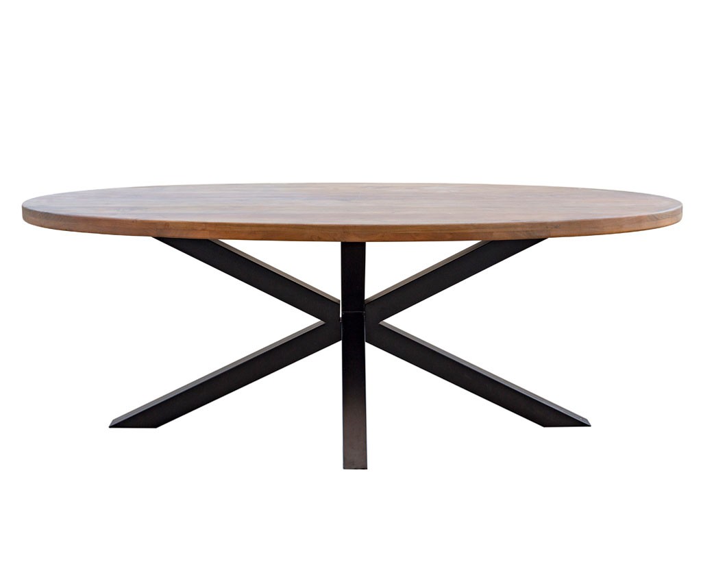 Estila Industriálny oválny jedálenský stôl Delia z akáciového dreva hnedej farby a s čiernymi prekríženými nohami z kovu 210cm