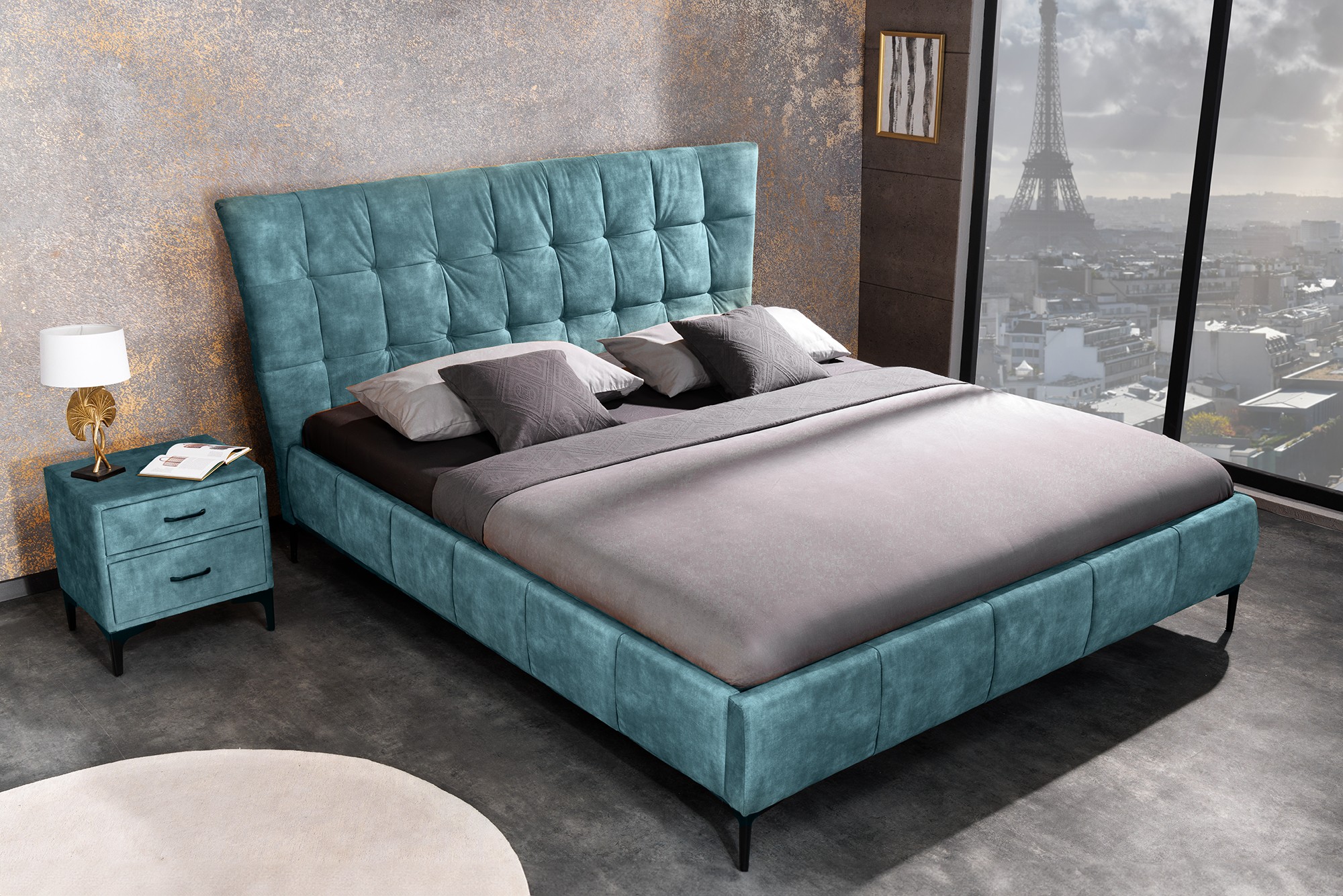 Estila Dizajnová chesterfield manželská posteľ Velouria petrolejovej modrej farby s prešívaným čelom 160x200cm