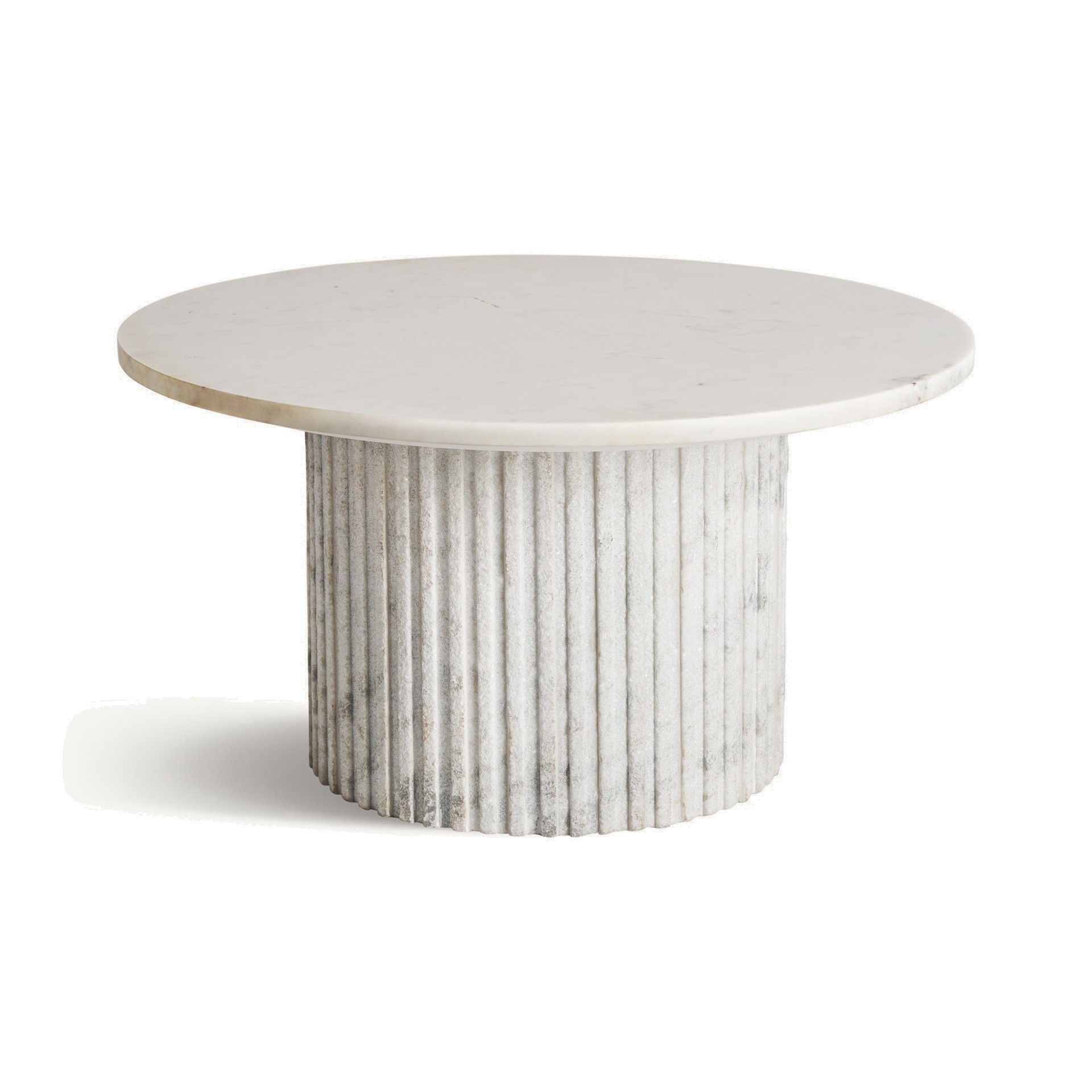 Estila Luxusný mramorový biely okrúhly konferenčný stolík Demetrios s antickým rebrovaným dizajnom nohy 80 cm