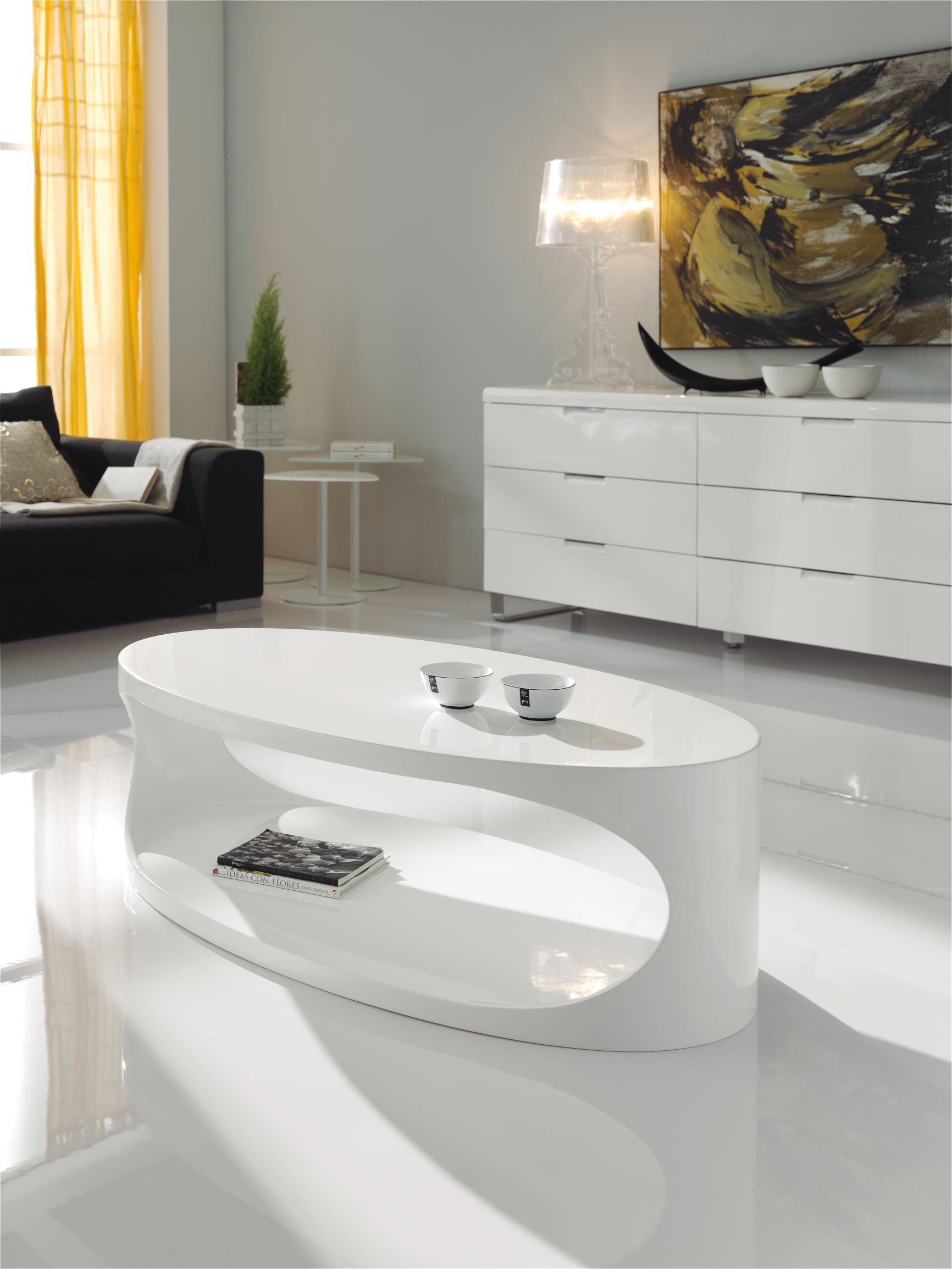 Estila Moderný lesklý konferenčný stolík Danea oválneho tvaru bielej farby 120cm