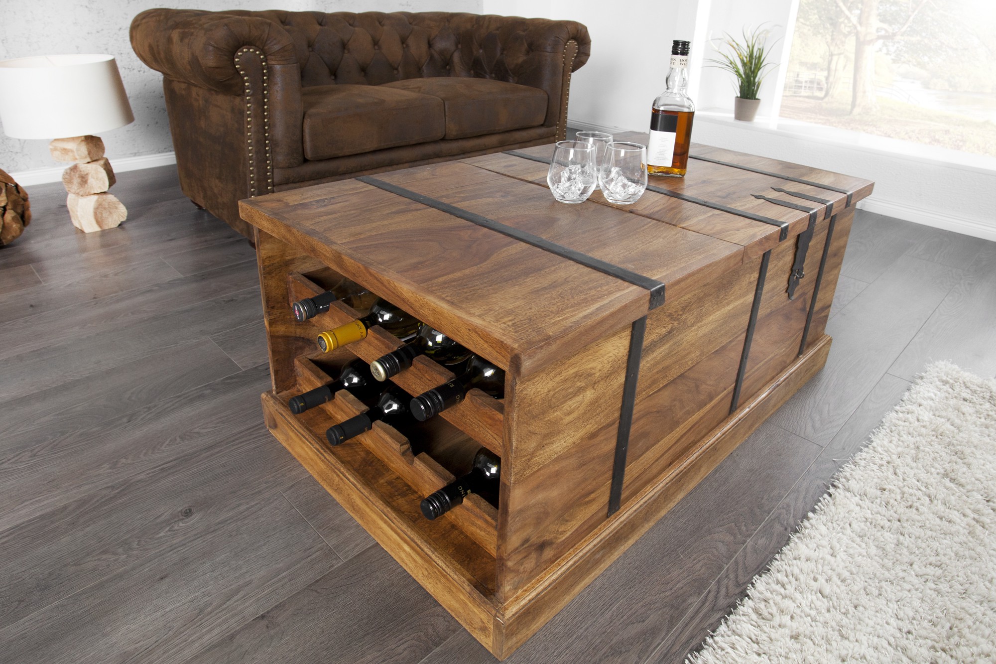 Estila Dizajnový konferenčný stolík z masívu s barom na víno 100cm