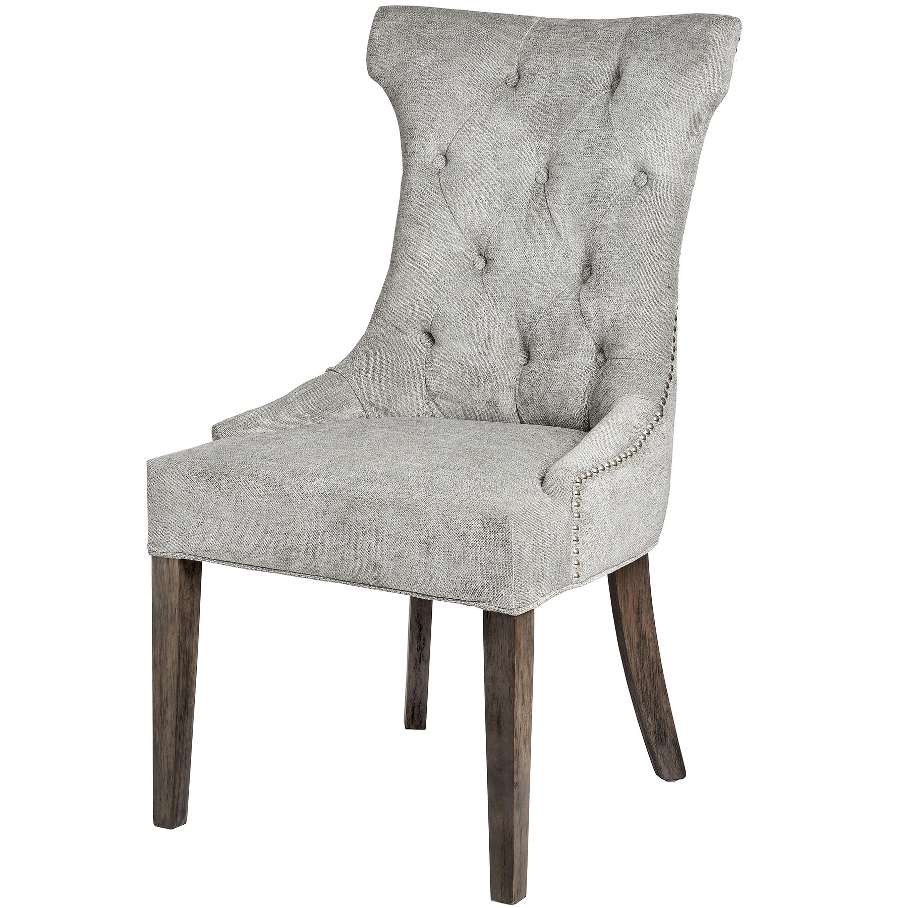 Estila Chesterfield luxusná jedálenská stolička Thatcher sivá so striebornými aplikáciami a nohami z dreva 102cm