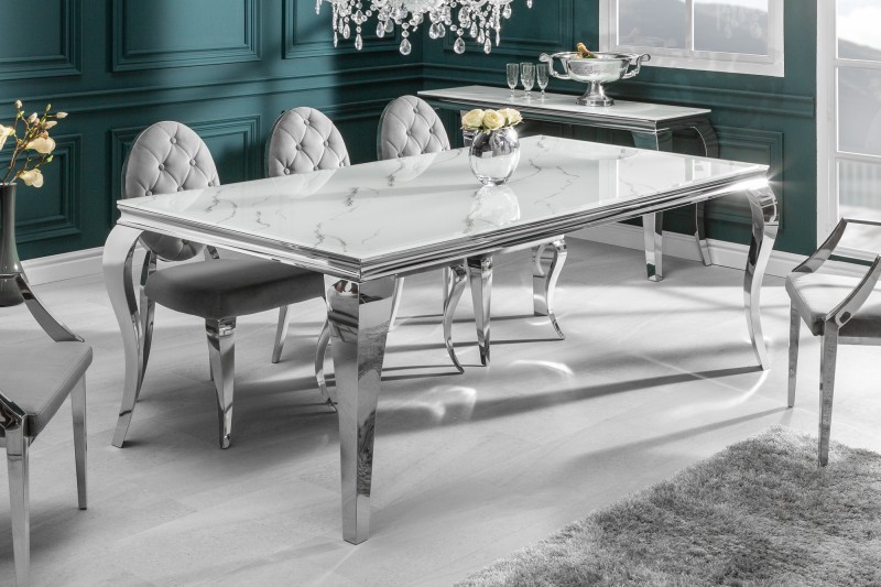 Estila Luxusný sklenený mramorový jedálenský stôl Modern Barock s chrómovými nohami v barokovom štýle 180cm