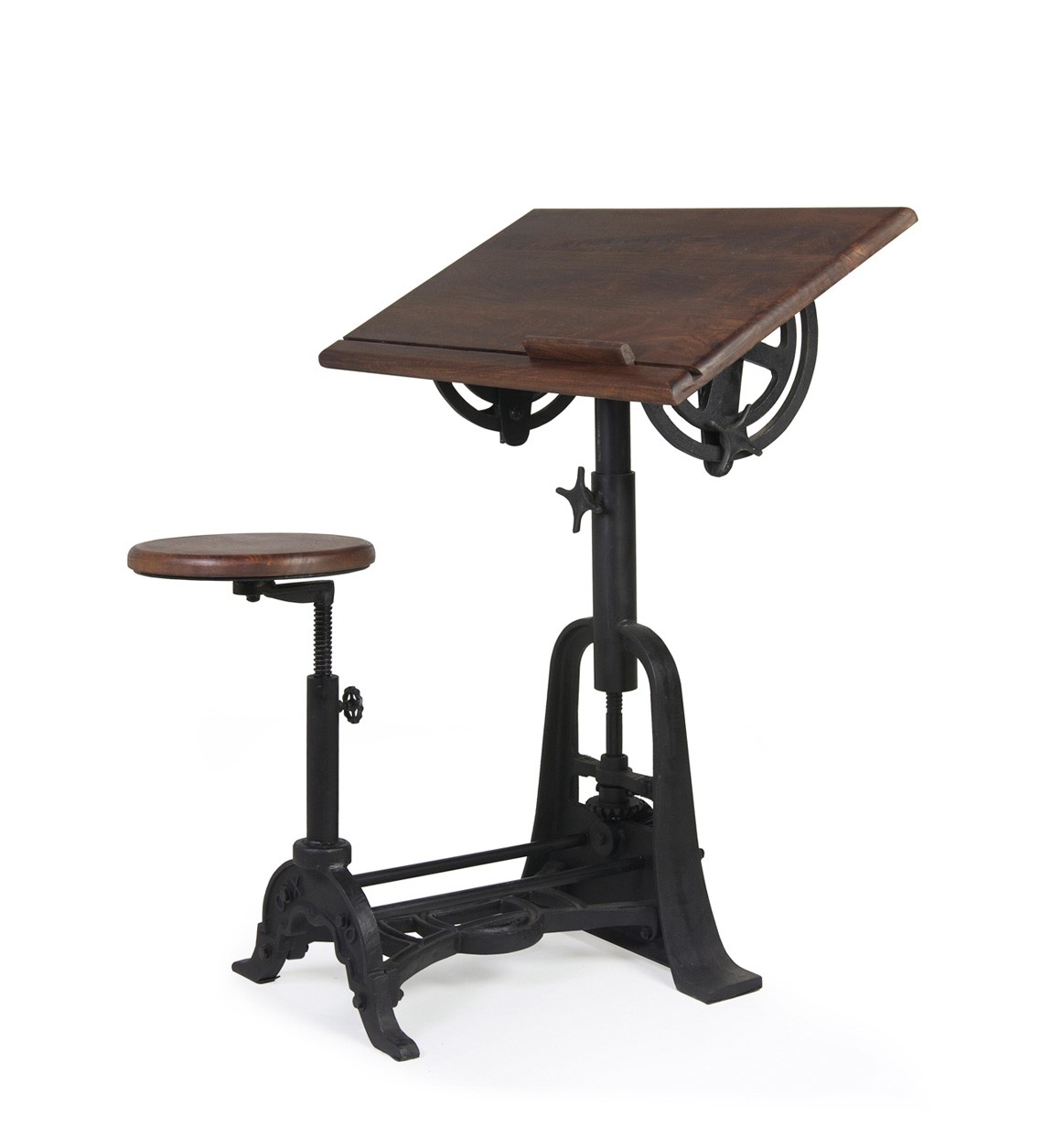 Estila Industriálny dizajnový rysovací stôl s taburetkou HIERRO z masívneho mangového dreva s kovovou konštrukciou 80cm
