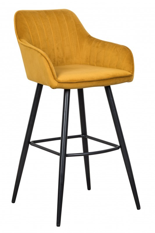 Estila Moderná barová stolička Vittel zo zamatu v žltej farbe s čiernymi kovovými nohami 102cm