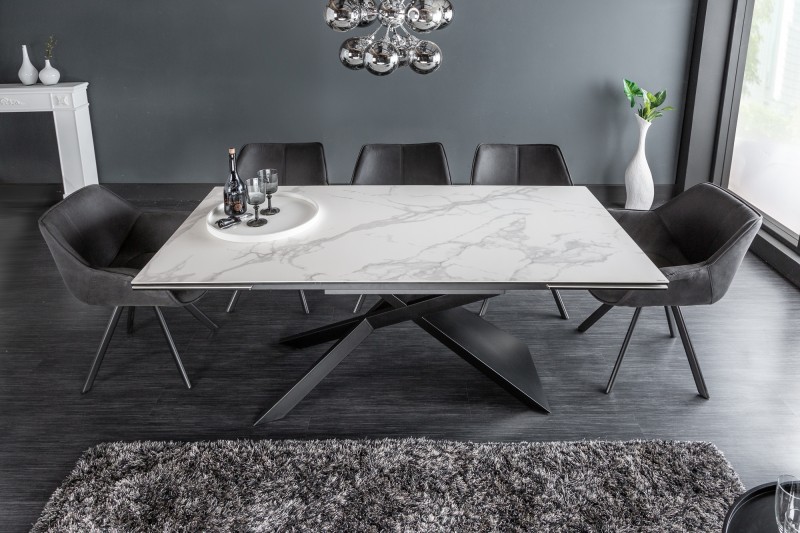 Estila Moderný rozkladací bielo-sivý mramorový jedálenský stôl Marmol s asymetrickými kovovými nohami 260cm
