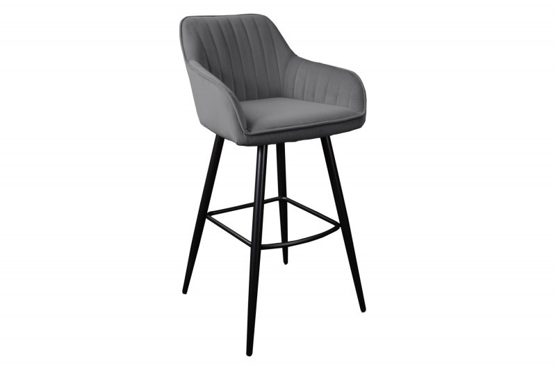 Estila Moderná barová stolička Vittel zo zamatu v sivej farbe s čiernymi kovovými nohami 102cm