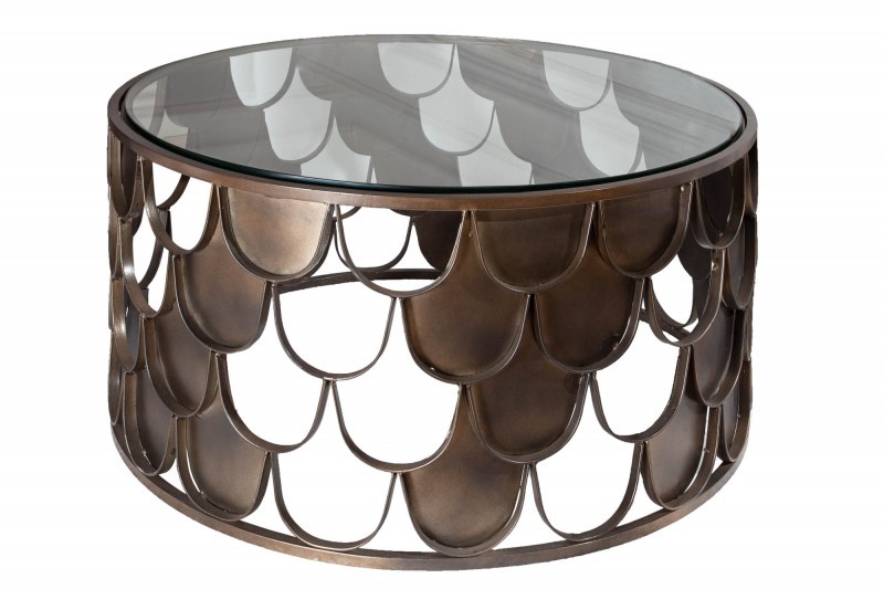 Estila Art-deco bronzový kruhový konferenčný stolík Escama so vzorom rybích šupín a sklenenou doskou 70cm