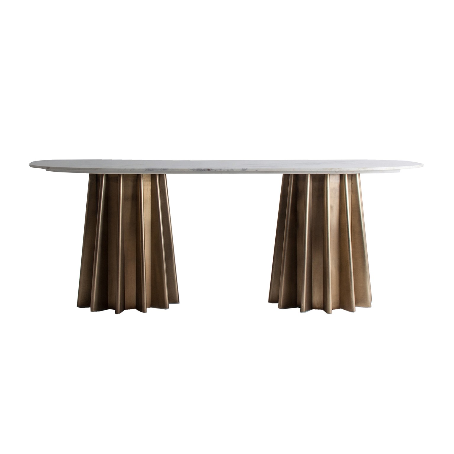 Estila Art-deco zlatý jedálenský stôl Lezey s oválnou mramorovou doskou v bledom odtieni 200cm