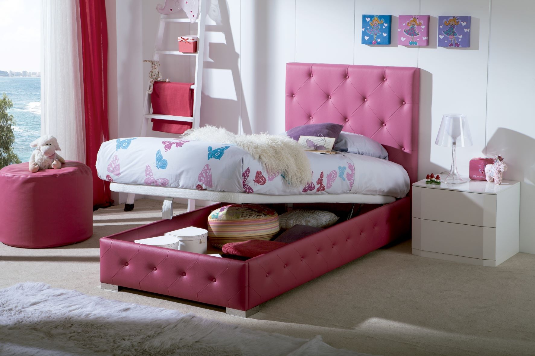 Estila Moderná štýlová posteľ Raquel s ružovým koženým poťahom s chesterfield prešívaním a s úložným priestorom 90-105cm