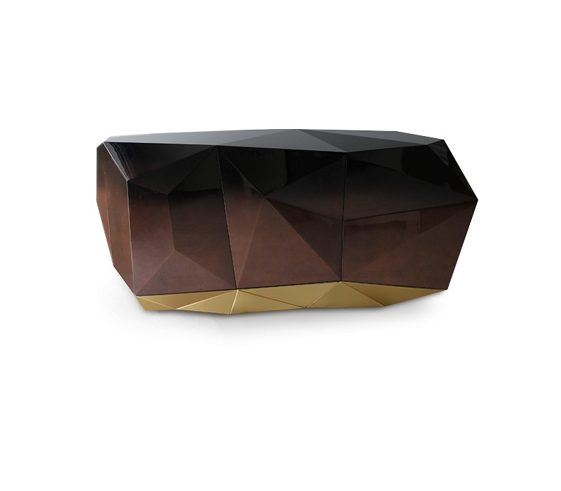 Estila Luxusný moderný príborník z masívneho dreva s lesklou povrchovou úpravou a pozlátenou podstavou Diamond Chocolate 185 cm