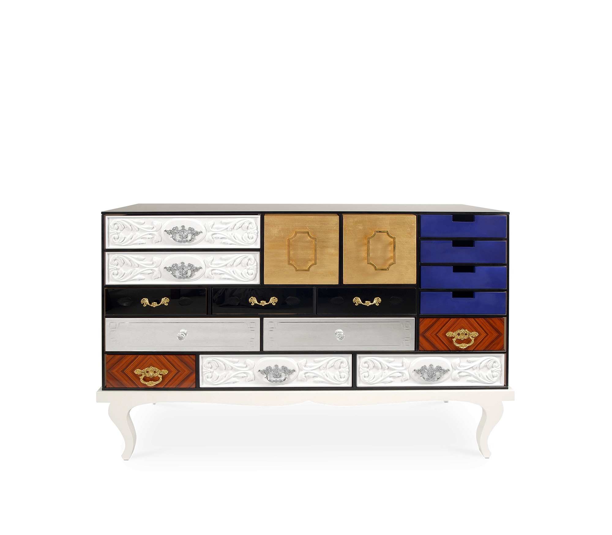 Estila Luxusná moderná komoda Mondrian z lakovaného masívneho dreva s 15timi dizajnovými zásuvkami a dvomi dvierkami 140cm