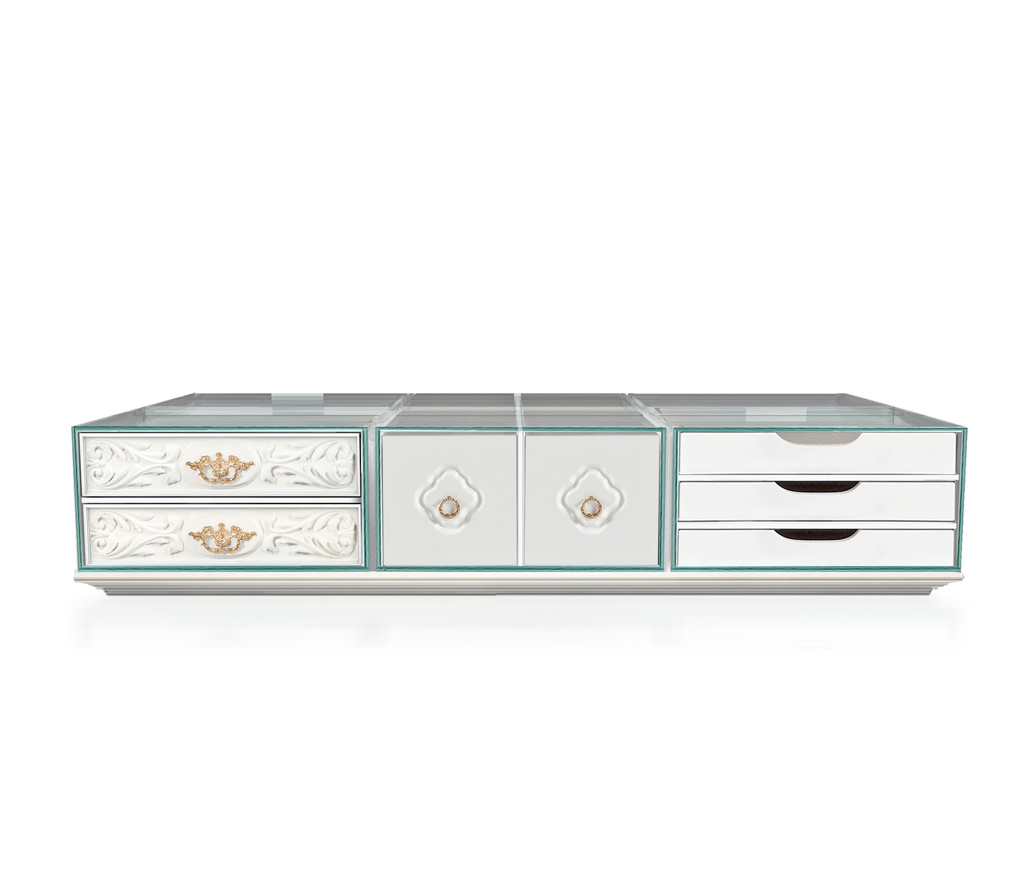 Estila Luxusný moderný biely konferenčný stolík Mondrian Blanc z lakovaného masívu a čírych skiel s pozlátenými rukoväťami 157cm