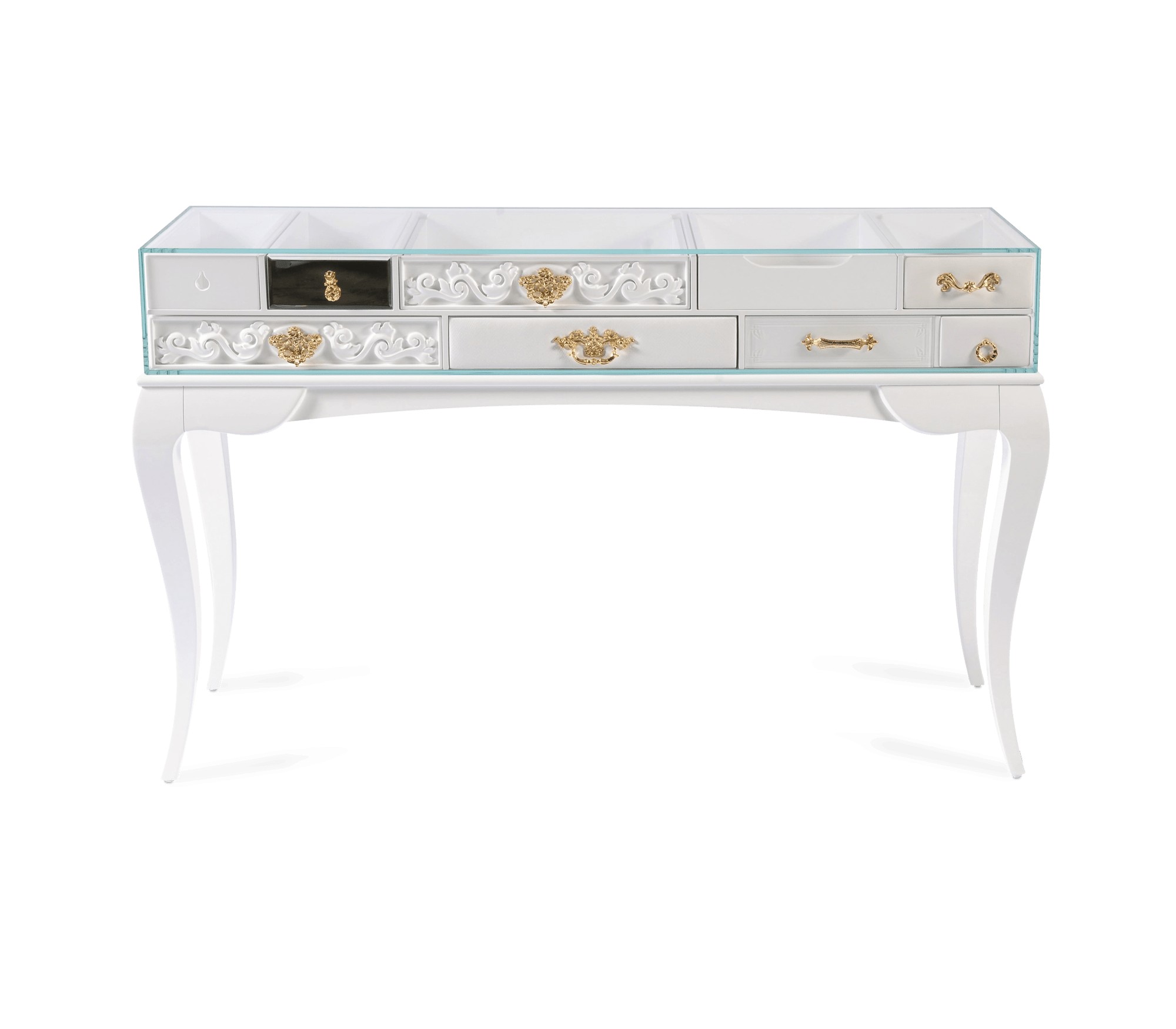Estila Luxusný biely konzolový stolík Mondrian z lakovaného masívu a číreho skla s pozlátenými detailmi 85cm