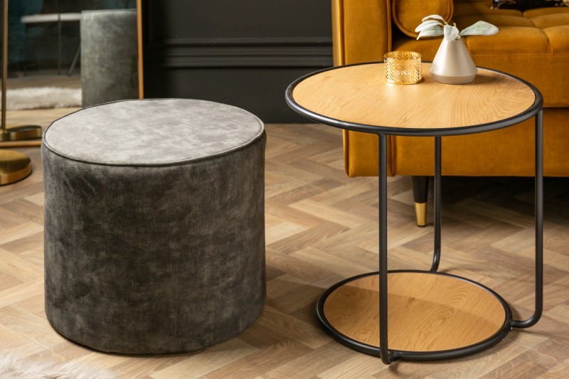 Estila Moderný set Taller s príručným stolíkom v hnedej farbe s čiernou kovovou konštrukciou a sivou čalúnenou taburetkou 55cm