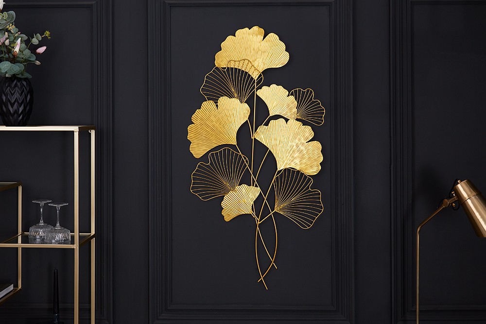 Estila Moderná florálna nástenná kovová dekorácia Biloba I zlatej farby 110cm