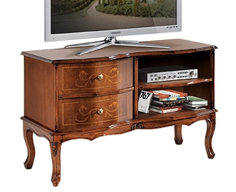 Estila Rustikálny luxusný TV stolík Clasica s dvomi zásuvkami a poličkami s detailným vyrezávaním 87cm