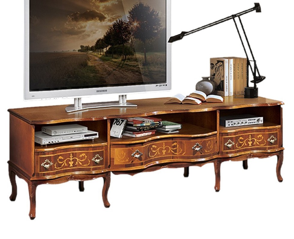 Estila Luxusný rustikálny masívny vyrezávaný TV stolík Clasica s tromi zásuvkami a tromi poličkami 192cm