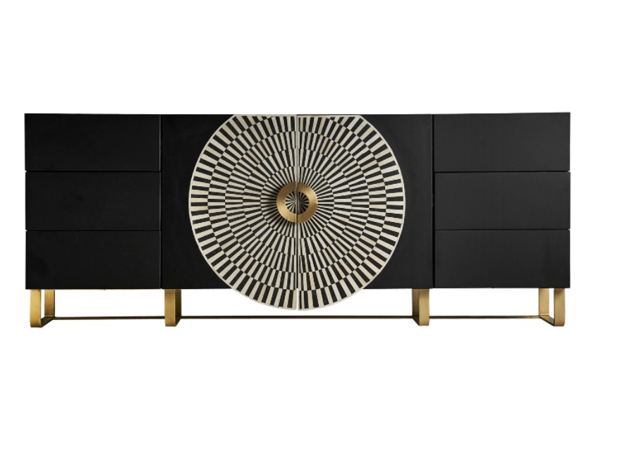 Estila Art-deco exkluzívny príborník Caderina čiernej farby so zlatými prvkami z dreva a kovu 200cm