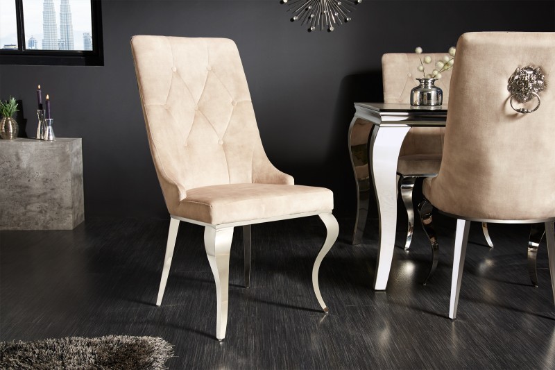 Estila Exkluzívna moderná jedálenská stolička Glamour so zamatovým béžovým čalúnením a striebornými chrómovými nohami 102cm