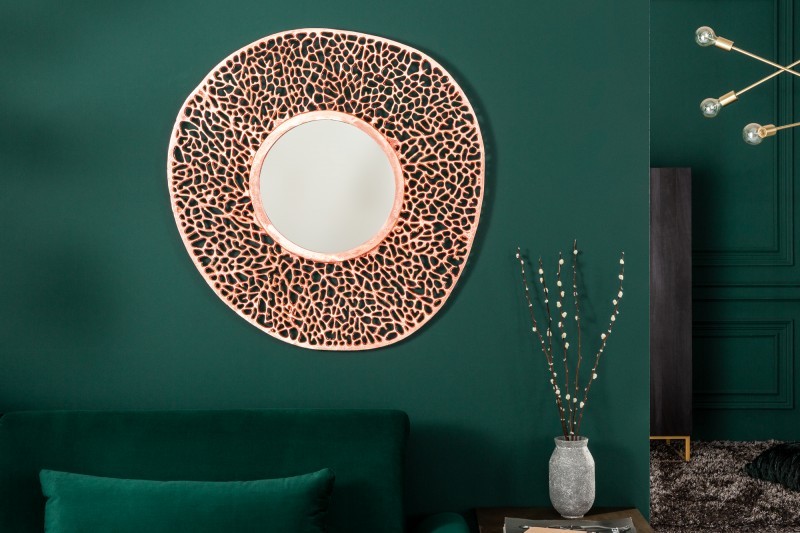 Estila Dizajnové okrúhle nástenné zrkadlo Hoja s kovovým rámom medenej farby 112cm