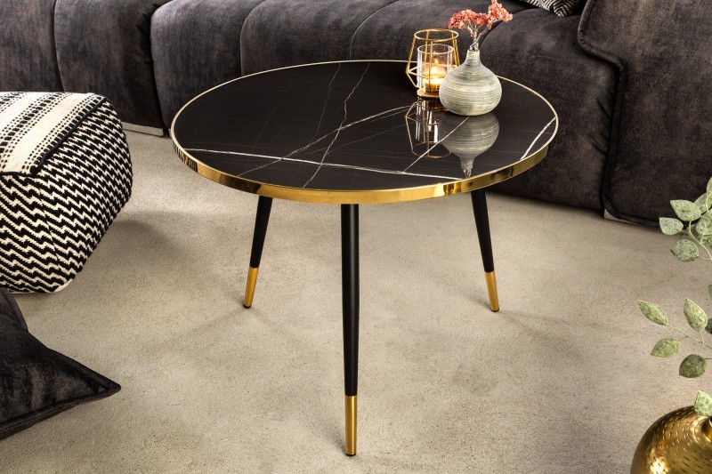 Estila Art-deco okrúhly konferenčný stolík Nudy s vrchnou doskou s čiernym mramorovým dizajnom s nožičkami v zlatom zakončení 60cm