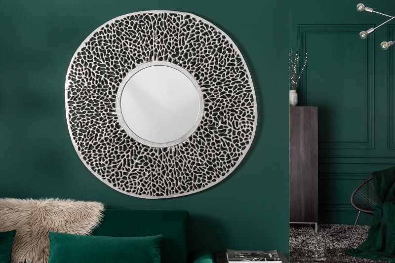 Estila Art-deco okrúhle nástenné zrkadlo Hoja z kovovej zliatiny v striebornej farby 112cm