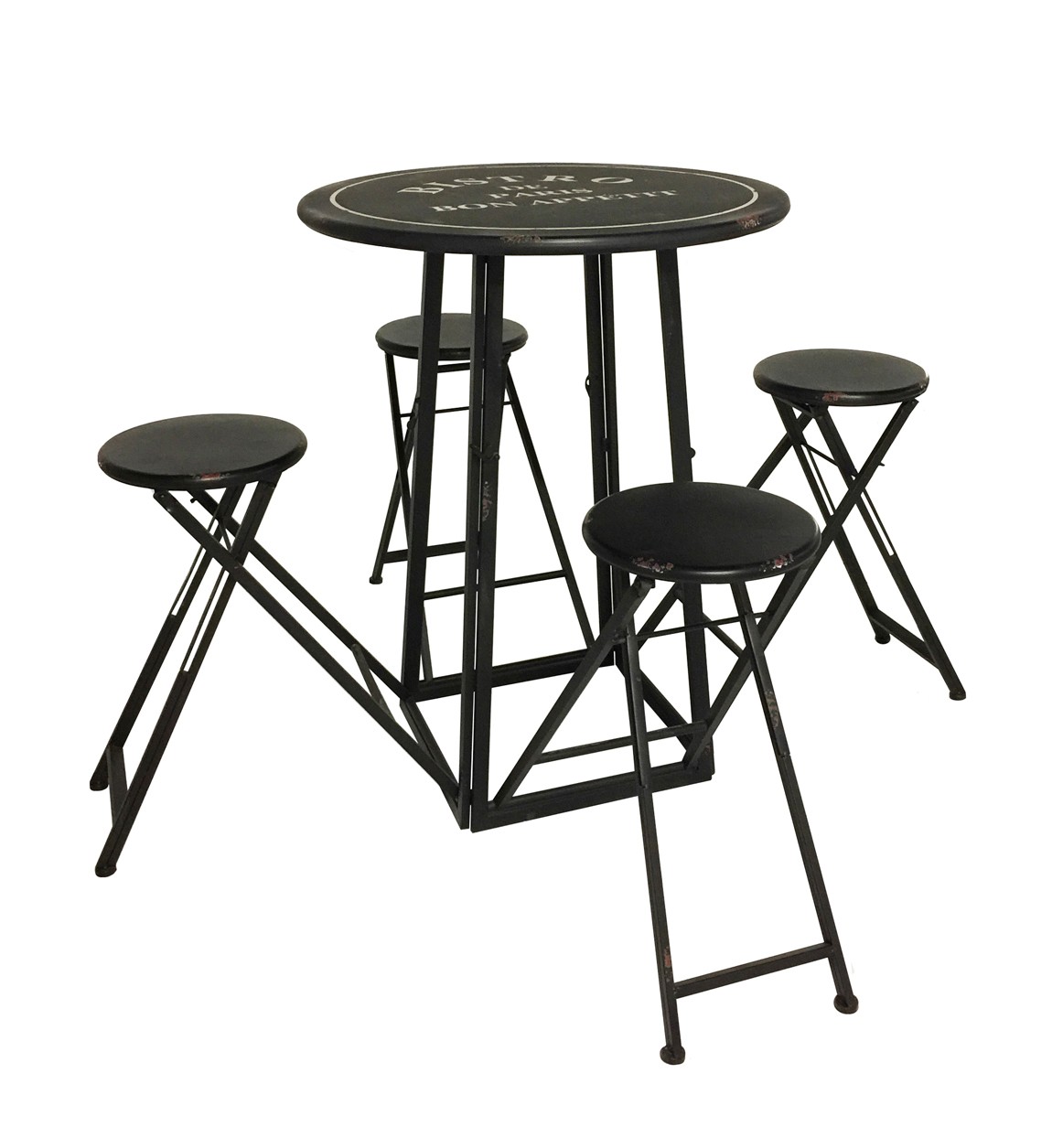 Estila Okrúhly barový industriálny stôl so štyrmi stoličkami Stanley v čiernom kovovom prevedení so starožitným efektom 163cm