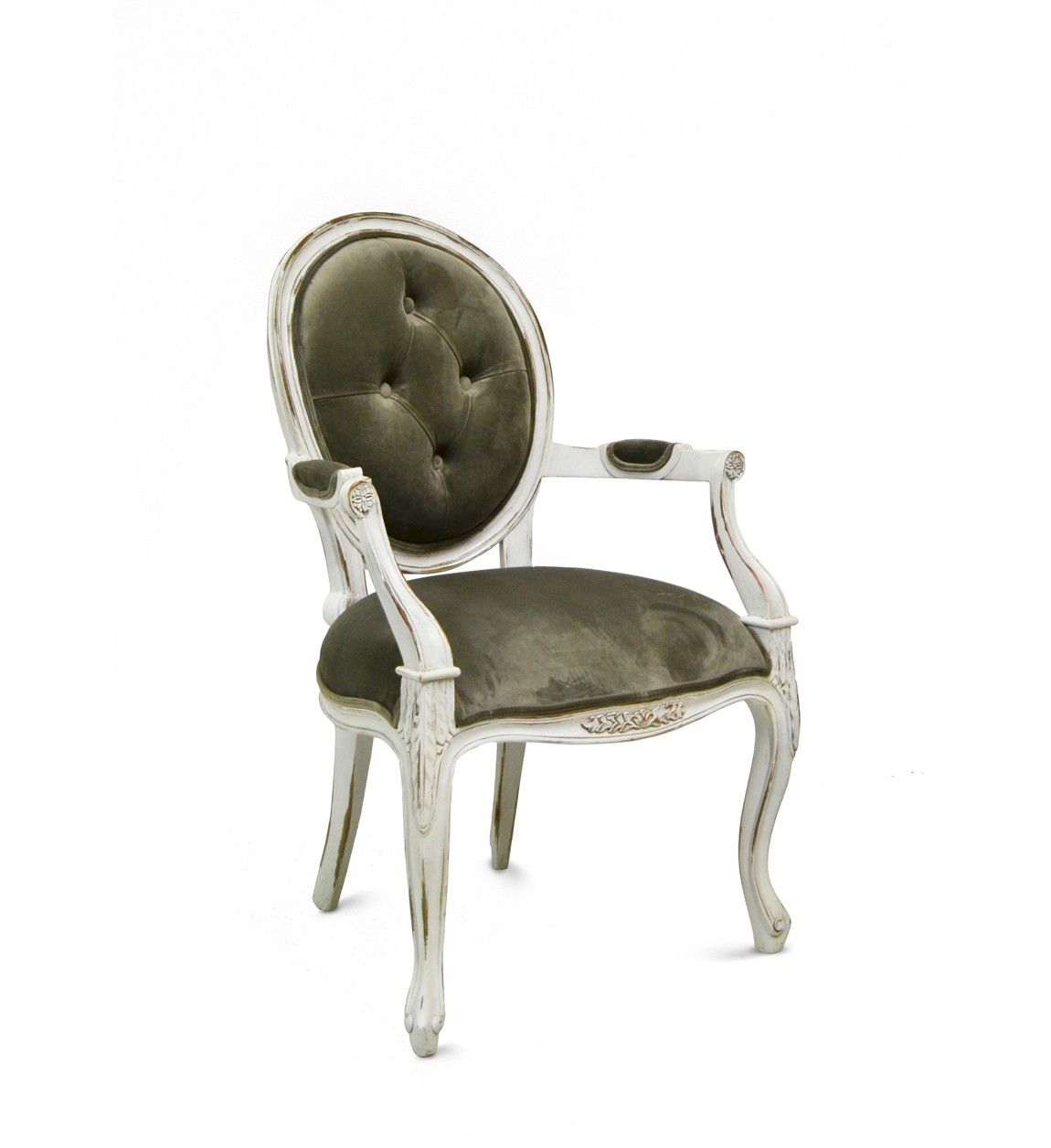 Estila Luxusná čalúnená vintage stolička Adrien z masívneho mahagónového dreva a bielym ošúchaným náterom 95cm