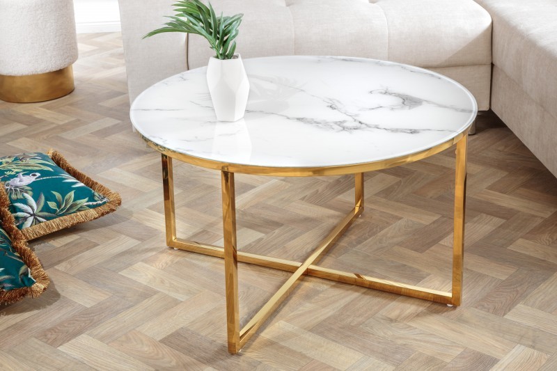 Estila Art-deco okrúhly konferenčný stolík Gold Marbleux s bielym mramorovým vzhľadom s kovovou podstavou zlatá 80cm