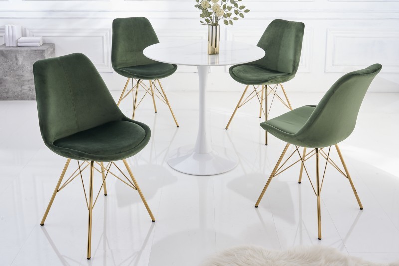 Estila Art deco dizajnová jedálenská stolička Scandinavia s tmavozeleným zamatovým poťahom a zlatými nohami z kovu 86cm