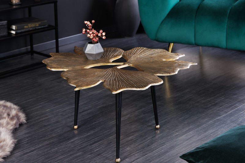 Estila Art-deco kovový konferenčný stolík Ginko v zlatej farbe s troma čiernymi nožičkami 75cm