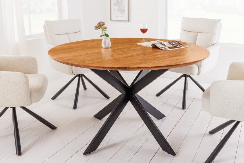 Estila Industriálny jedálenský stôl Comedor okrúhleho tvaru z masívneho akáciového dreva s kovovými nohami 130cm