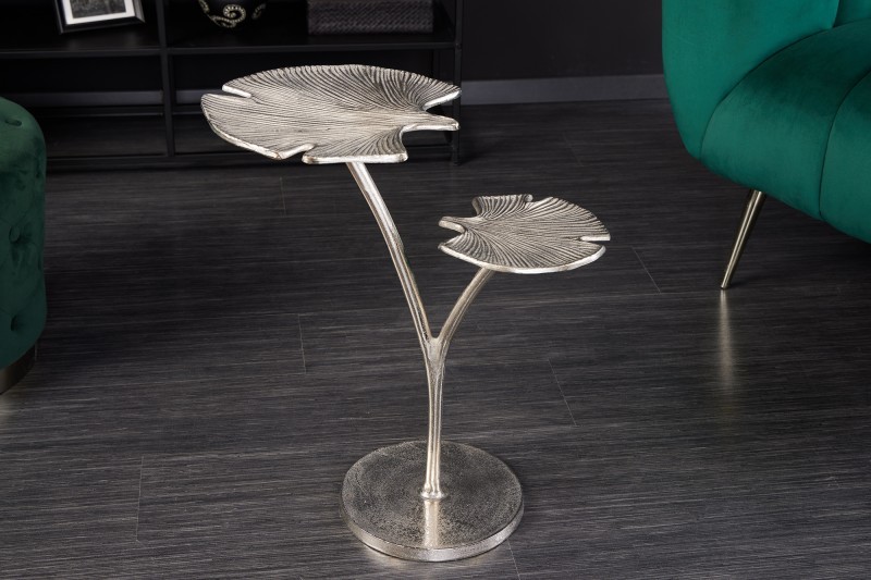 Estila Art-deco strieborný príručný stolík Ginko s dvoma doskami v tvare listu kovový 56cm