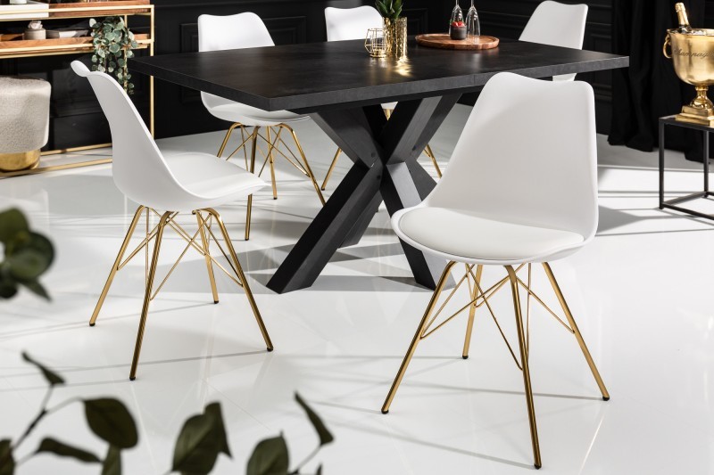 Estila Art-deco biela jedálenská stolička Scandinavia z eko kože s kovovými nožičkami v zlatej farbe 85cm