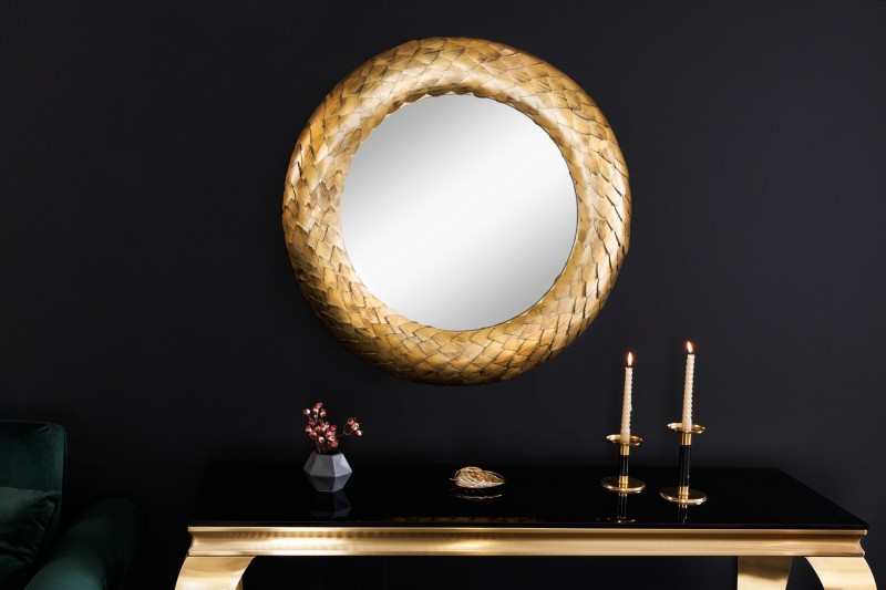 Estila Antické okrúhle nástenné zrkadlo Rammstein s kovovým ozdobným rámom zlatej farby 75cm