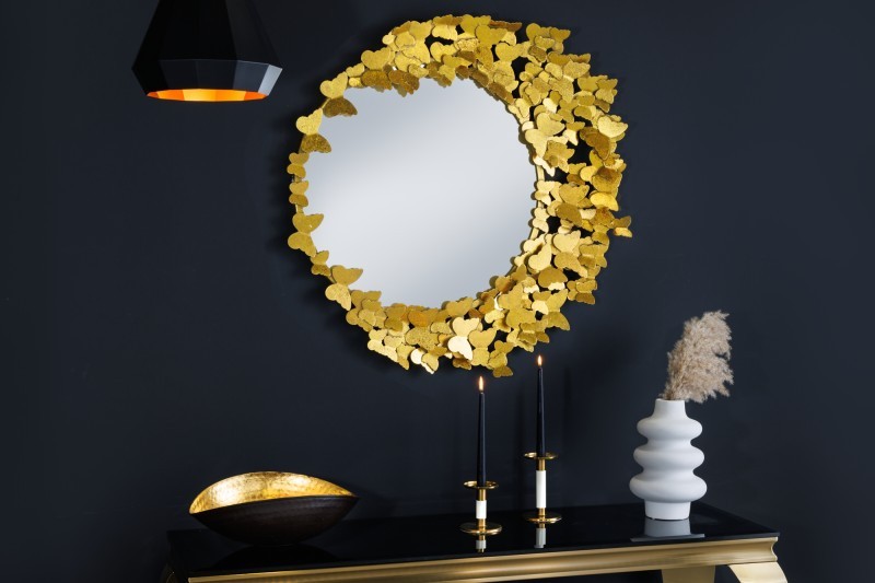 Estila Dizajnové glamour nástenné zrkadlo Butterfly s okrúhlym kovovým rámom zlatej farby s motýlím zdobením 80cm