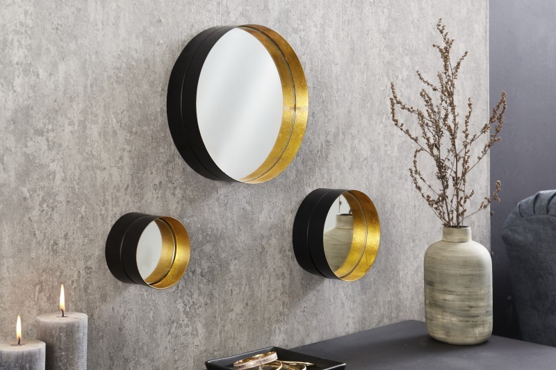 Estila Dizajnový art deco set troch nástenných zrkadiel Patagonia s okrúhlym kovovým rámom zlatej a čiernej farby