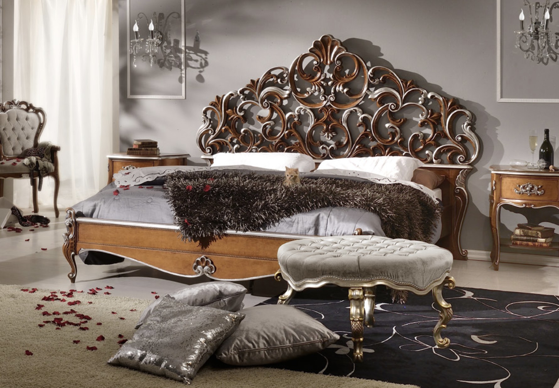 Estila Rustikálna masívna manželská posteľ Belladonna s ornamentálnym vyrezávaným čelom 180x200cm