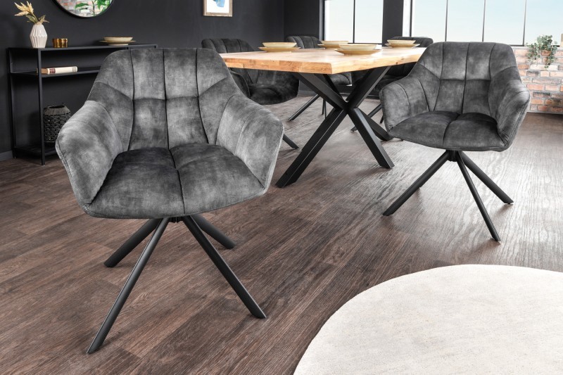 Estila Dizajnová otočná jedálenská stolička Mariposa s tmavosivým zamatovým čalúnením a čiernymi nohami 83cm