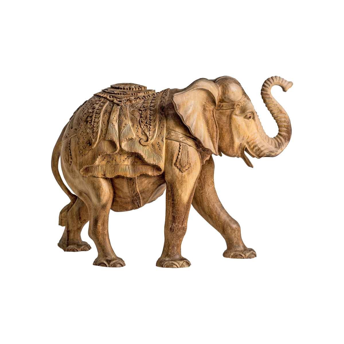 Estila Etno vyrezávaná soška slona Simeon z tropického masívu prírodnej hnedej farby s vyrezávaným zdobením 66cm