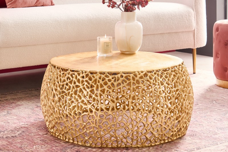 Estila Dizajnový okrúhly konferenčný stolík Hoja s kovovou konštrukciou zlatej farby 75cm