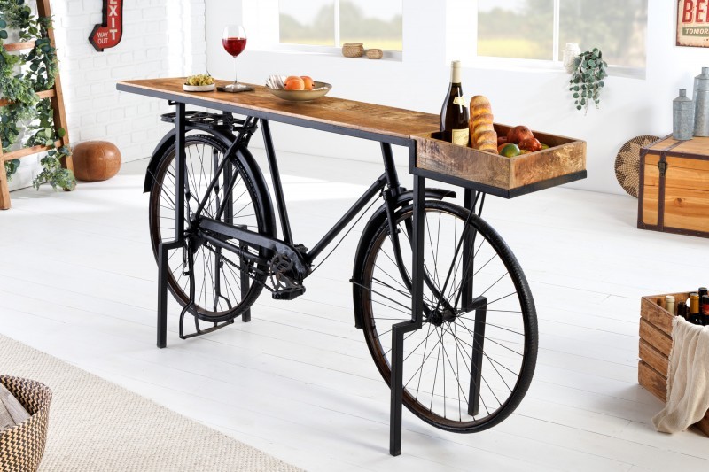 Estila Industriálny dizajnový barový pult Bicycle s masívnou doskou a čiernou podstavou s kolesami 194cm