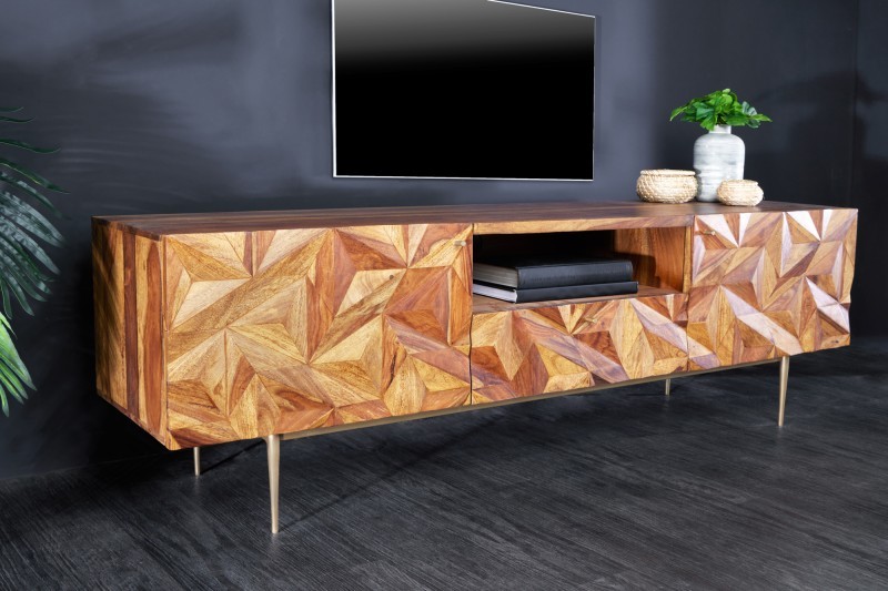 Estila Art deco masívny TV stolík Sovoy z palisandrového dreva prírodnej hnedej farby so zlatými nožičkami 160cm