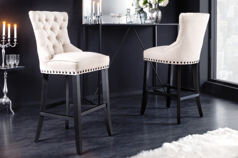 Estila Elegantná barová stolička Modern Barock so svetlým béžovým poťahom a dizajnovým prešívaním 74cm